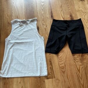White Sleeveless Top and Black Shorts Set. Active Wear.
